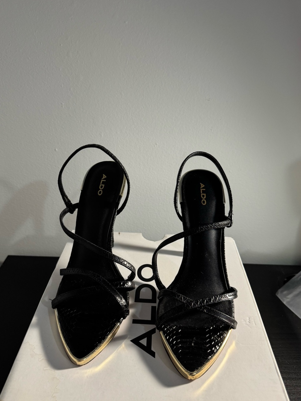 ALDO Black Pointed Toe Strappy Heels with Gold Accents